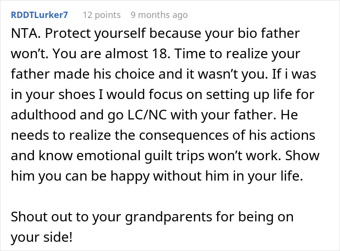 A comment encourages the 17YO to protect herself because her bio father won't, focusing on setting up life for adulthood.