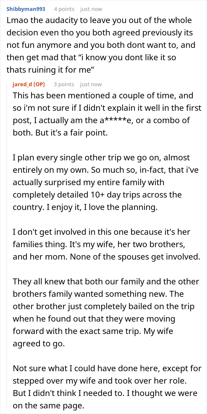 A screenshot shows a long user comment about the husband being left out of the family trip decision, and his detailed response.