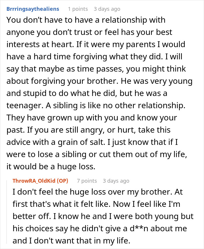 Comment discussing trust issues with parents and forgiveness toward a brother Comment discussing trust issues with parents and forgiveness toward a brother