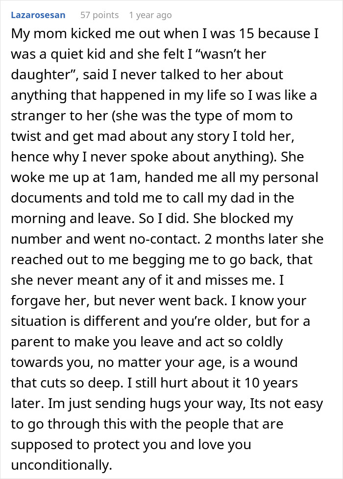 A screenshot of a comment from a user named Lazarosesan who was told to leave home by their mom at 15.