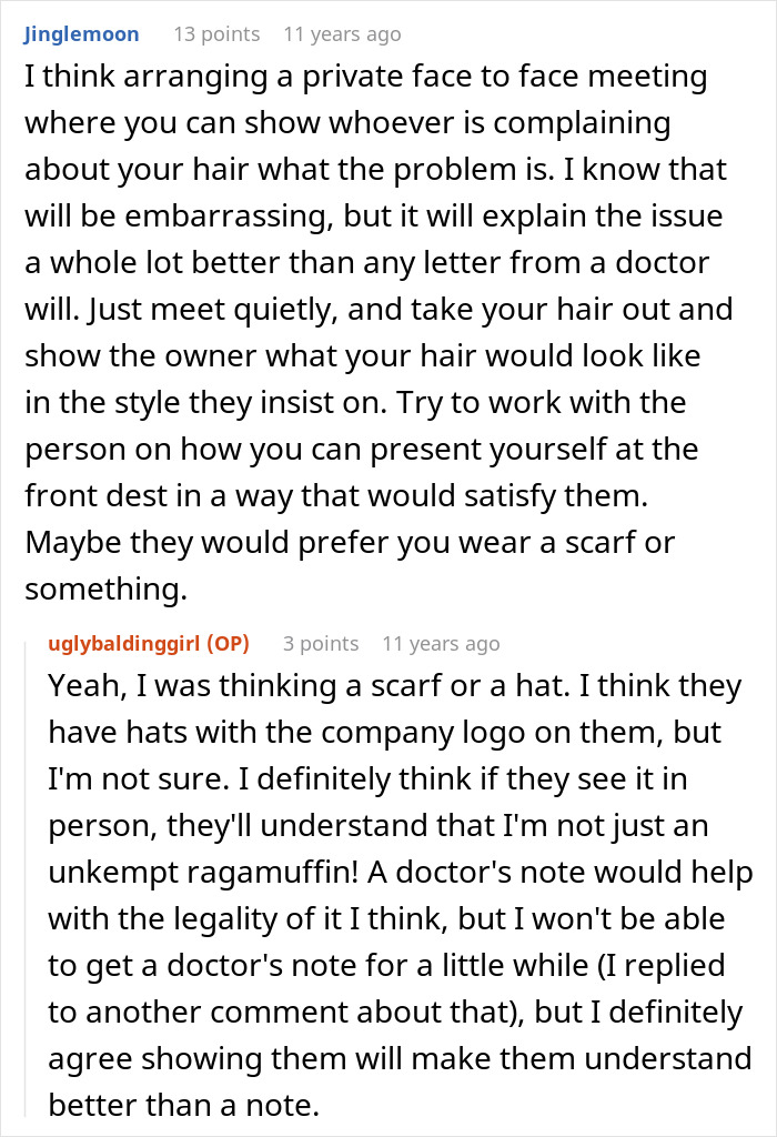A Reddit user suggesting a private meeting to discuss hair issues and avoid losing a job over messy hair.