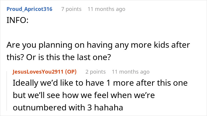 A Reddit comment discussing a wife's plan for more kids, relevant to her husband honoring his mom.