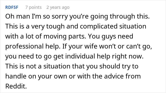 A Reddit comment recommending professional help for a complicated situation involving a husband's accident and ex-wife.