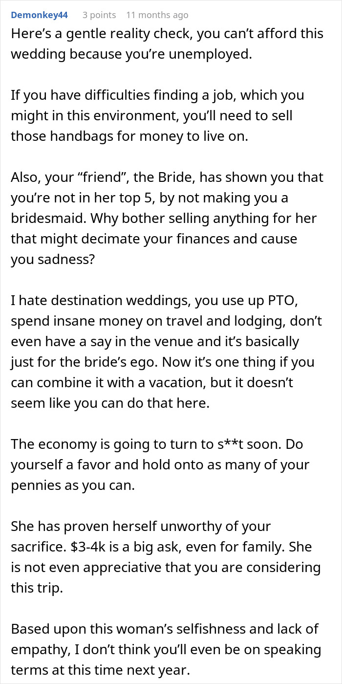 Comment on financial struggles related to destination weddings and friendship issues
