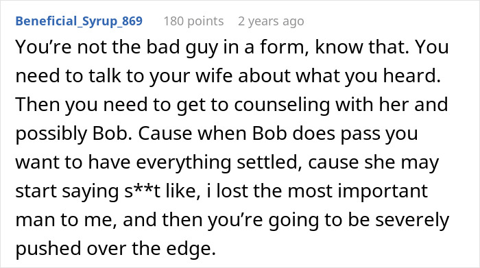 A Reddit comment advising a husband to talk to his wife and seek counseling after an accident ends his marriage.