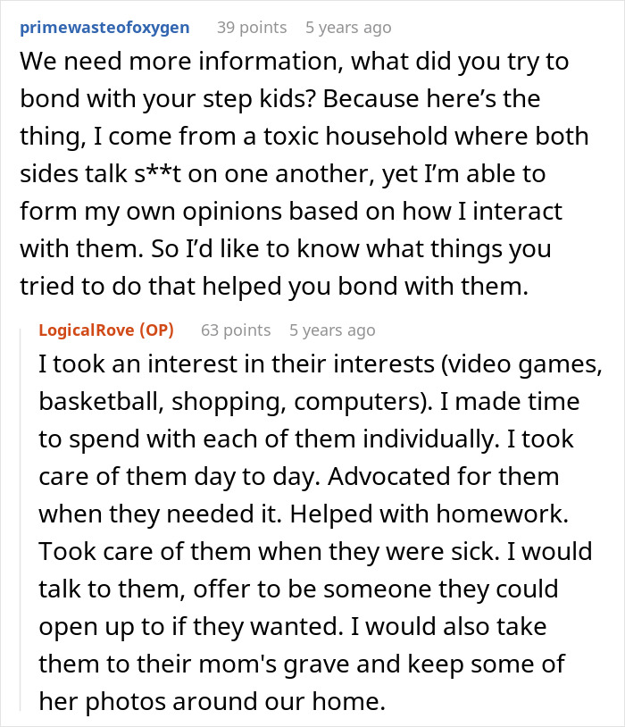 Reddit conversation on bonding efforts between stepmom and stepkids