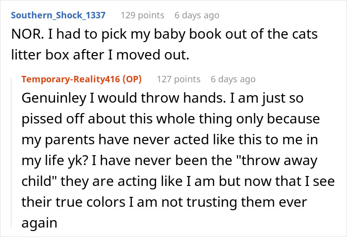 A Reddit user comments on the hostile parents and their 18YO daughter being forced to give her room to jobless bro. A Reddit user comments on the hostile parents and their 18YO daughter being forced to give her room to jobless bro.