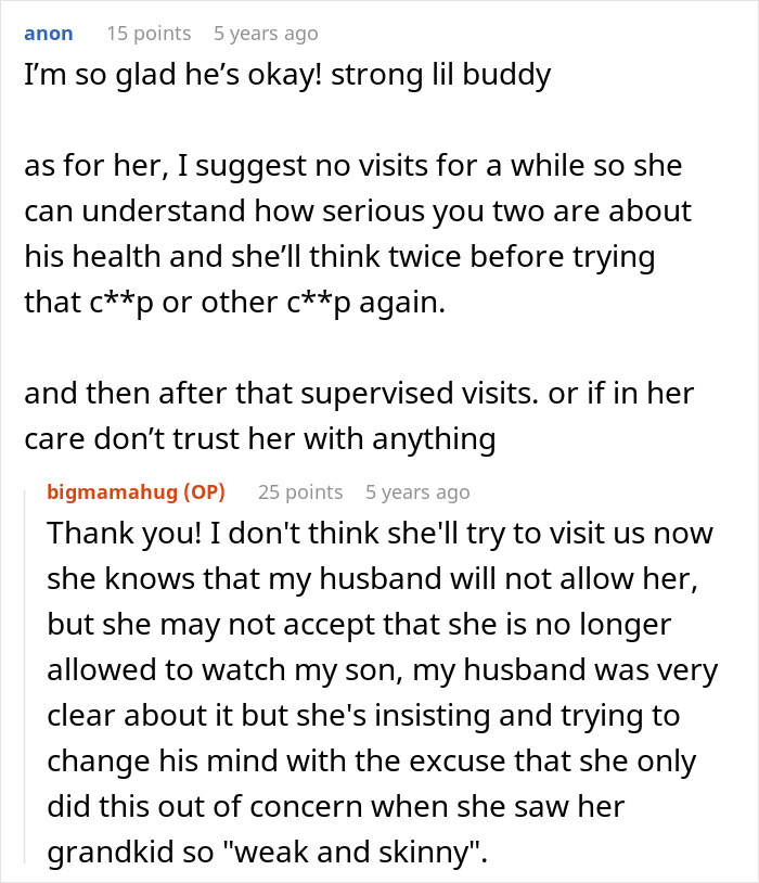 A Reddit comment advising no visits for the entitled MIL after the grandson's ER visit caused by her disregarding insulin.