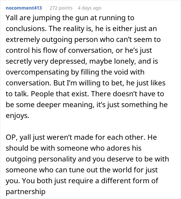 A screenshot of a comment suggesting the talkative fiancé might be depressed or just likes to talk. A screenshot of a comment suggesting the talkative fiancé might be depressed or just likes to talk.