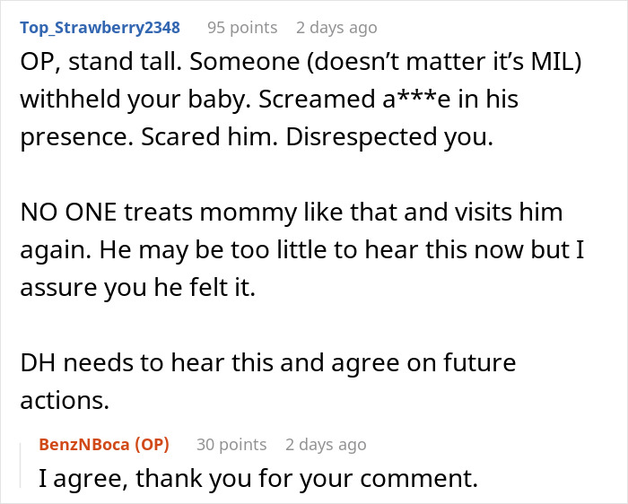 A screenshot of comments about a grandma's fit, argument, and clinging to a toddler before a family vacation. A screenshot of comments about a grandma's fit, argument, and clinging to a toddler before a family vacation.
