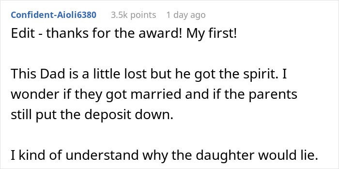 Comment reflecting on dad's reaction and daughter's lie Comment reflecting on dad's reaction and daughter's lie