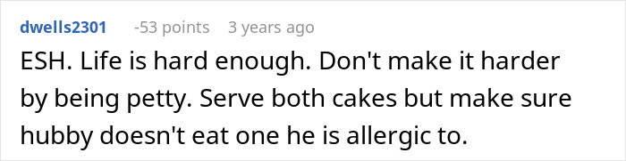 Comment suggesting to serve both cakes carefully due to allergy at son's birthday