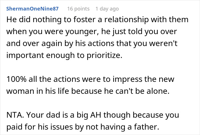 A screenshot of a Reddit comment criticizing a guy who replaces his daughter with stepkids and demands she act like family. A screenshot of a Reddit comment criticizing a guy who replaces his daughter with stepkids and demands she act like family.