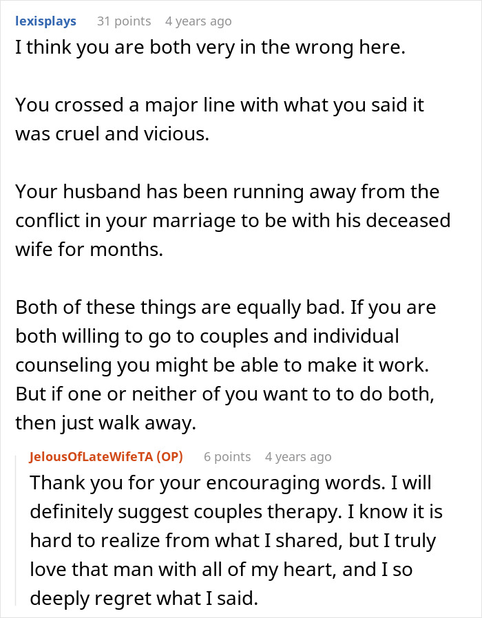 Pregnant woman asks husband for divorce. Both should consider couples counseling after husband grieves his late ex. Pregnant woman asks husband for divorce. Both should consider couples counseling after husband grieves his late ex.
