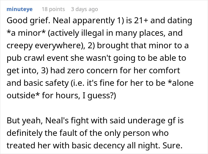 A comment criticizing Neal's actions with his introverted girlfriend during a bar crawl event. A comment criticizing Neal's actions with his introverted girlfriend during a bar crawl event.