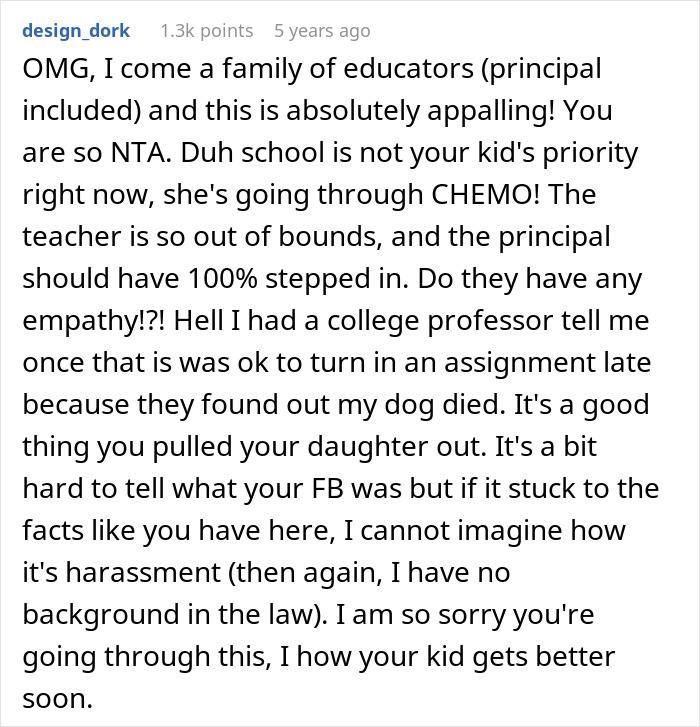 Screenshot of a comment from an educator's family, calling the school's response appalling regarding chemotherapy and repeating grade. Screenshot of a comment from an educator's family, calling the school's response appalling regarding chemotherapy and repeating grade.