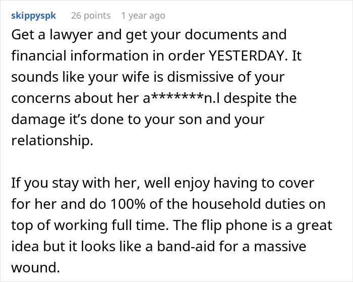 A comment about a woman's gaming problem, advising to get a lawyer due to the damage to their son and relationship.