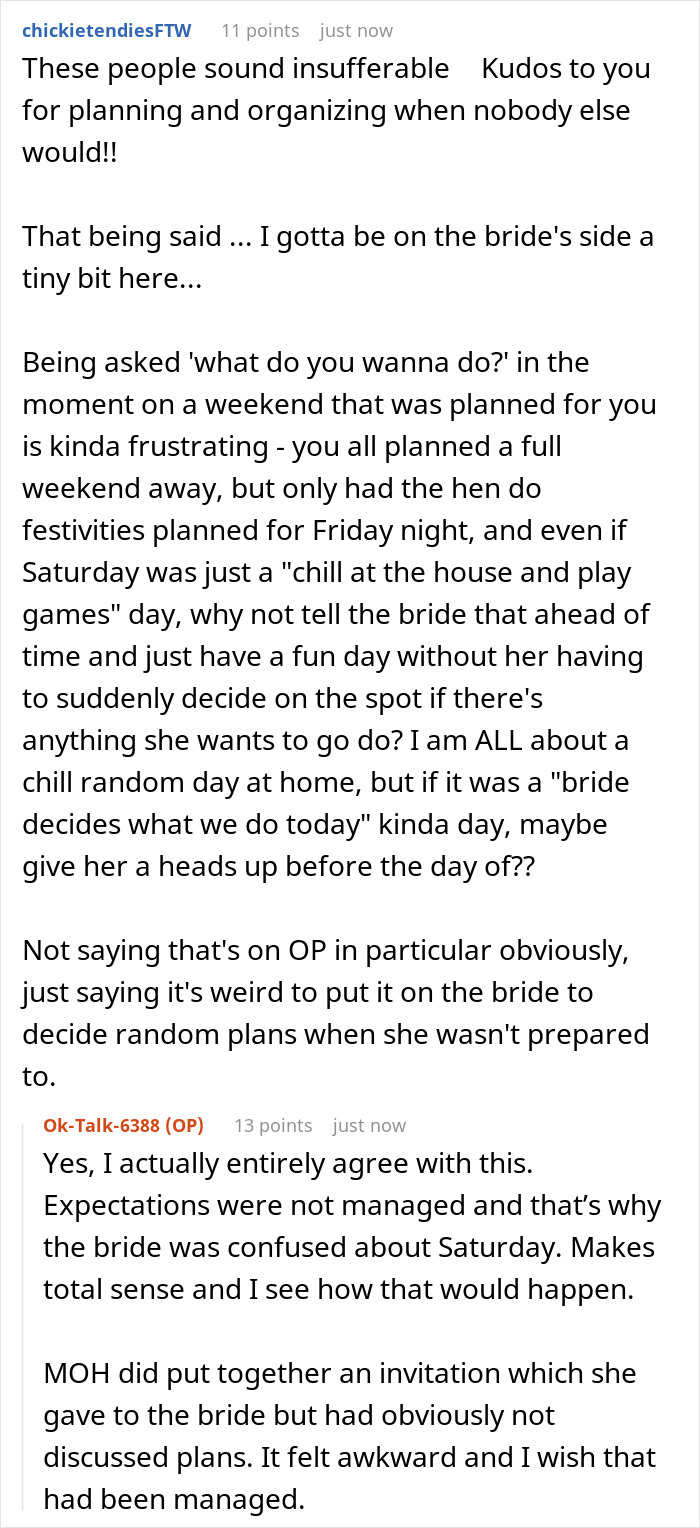 A screenshot of a comment criticizing the bachelorette party planning and the resulting family drama. A screenshot of a comment criticizing the bachelorette party planning and the resulting family drama.