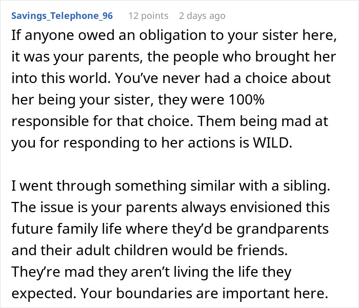 Comment about parents' responsibility and boundaries in sister and family conflict