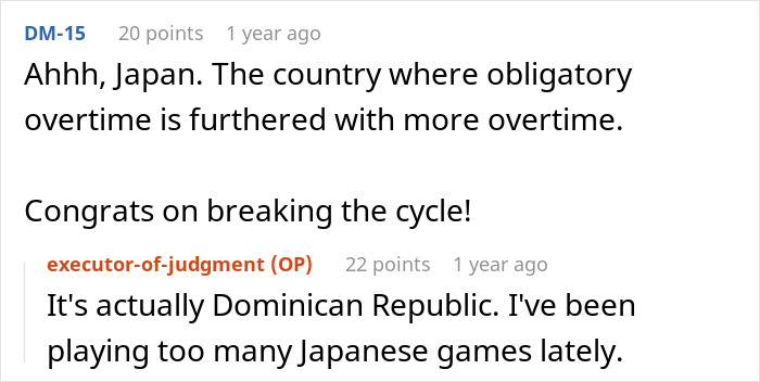 A comment thread mentioning Japan and overtime, with a correction to Dominican Republic, about illegal shenanigans management.