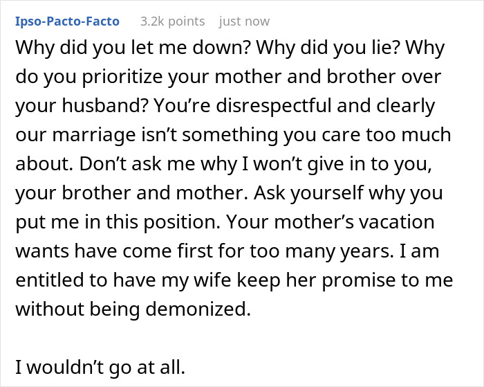 A screenshot of a comment about a husband feeling blind-sided by a dreaded annual family trip with in-laws.