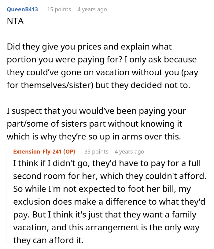 A Reddit comment on parents sponsoring a sister's trip, delving into vacation costs and the impact of exclusion on family trips. A Reddit comment on parents sponsoring a sister's trip, delving into vacation costs and the impact of exclusion on family trips.