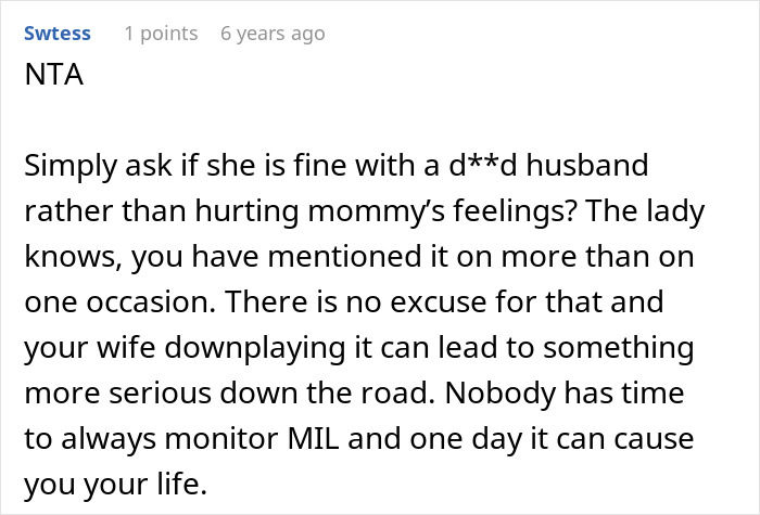 Comment warns about MIL's harmful behavior and wife's downplaying