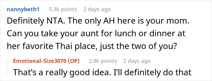 A screenshot of a comment suggesting a separate birthday celebration for the aunt, with a positive response from the original poster. A screenshot of a comment suggesting a separate birthday celebration for the aunt, with a positive response from the original poster.