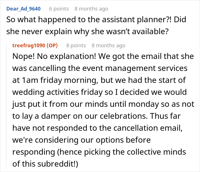 Comments discussing cancellation of wedding coordinator services last minute
