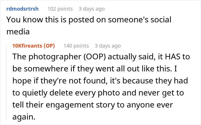 Social media comments about photographer exposing fake petals after beach proposal.
