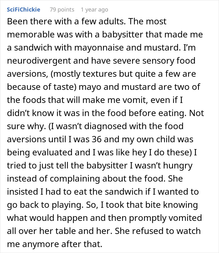 A lengthy comment from someone with sensory food aversions, describing a memorable incident with a babysitter and a sandwich.