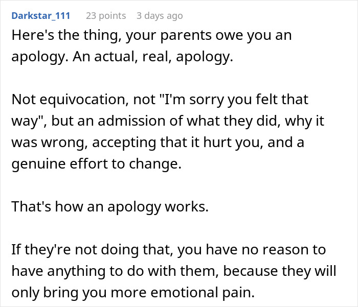 Reddit comment explaining how a genuine apology from parents works in emotional healing Reddit comment explaining how a genuine apology from parents works in emotional healing