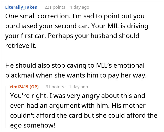 Discussion text about MIL emotionally manipulating family car situation Discussion text about MIL emotionally manipulating family car situation
