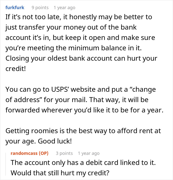 A Reddit comment advises a woman told to leave home to transfer money and change her address, refusing to follow one rule.