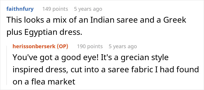 Comment describing dress as a Grecian style mixed with saree fabric