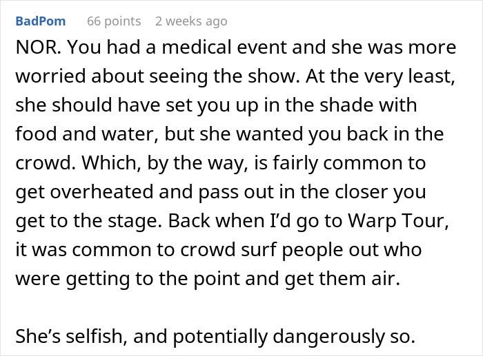 A user comment on a man who fainted at a concert and his fiancée's lack of concern. A user comment on a man who fainted at a concert and his fiancée's lack of concern.