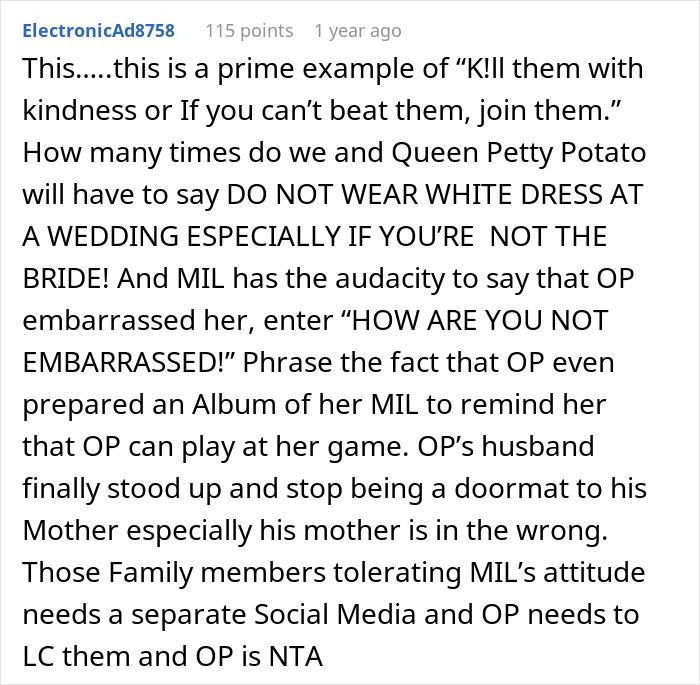 A detailed comment on the MIL showing up to the son's wedding in white, advocating for kindness and standing up to her.