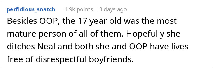 A Reddit comment stating the 17-year-old was the most mature, in the context of the introverted GF bar crawl. A Reddit comment stating the 17-year-old was the most mature, in the context of the introverted GF bar crawl.