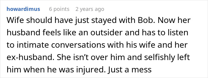A Reddit comment stating the wife should have stayed with her husband after his accident, noting she left him when injured.