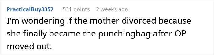 Comment on whether the mother divorced after her 19YO stepdaughter moved out, due to the house rules. Comment on whether the mother divorced after her 19YO stepdaughter moved out, due to the house rules.