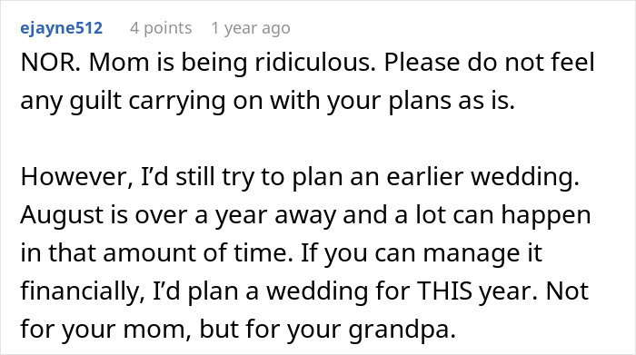 A comment about a mom wanting a year to celebrate her birthday, delaying her daughter's wedding. A comment about a mom wanting a year to celebrate her birthday, delaying her daughter's wedding.