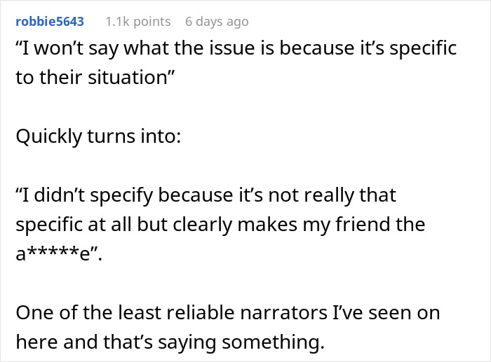 Comment describing unreliable narrator in couple's argument story Comment describing unreliable narrator in couple's argument story
