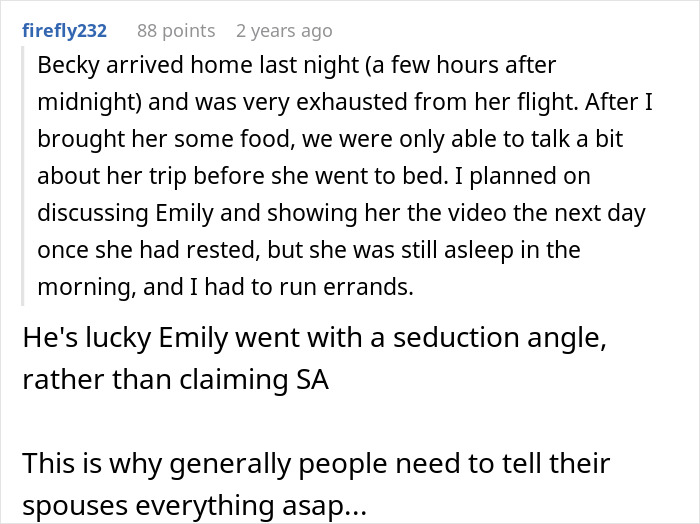 A Reddit comment mentioning a hubby's creepy friend, Emily, and her attempt to steal him with a staged post-intimacy scene.