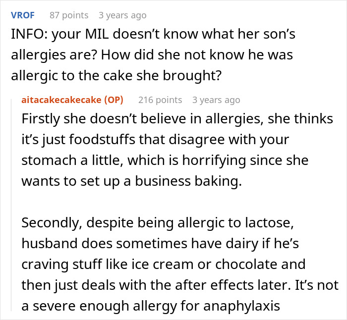 Online comment about MIL not knowing son's allergies to cake