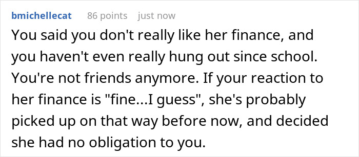A comment discusses how the bride not making her bestie a bridesmaid signifies their friendship has run its course.