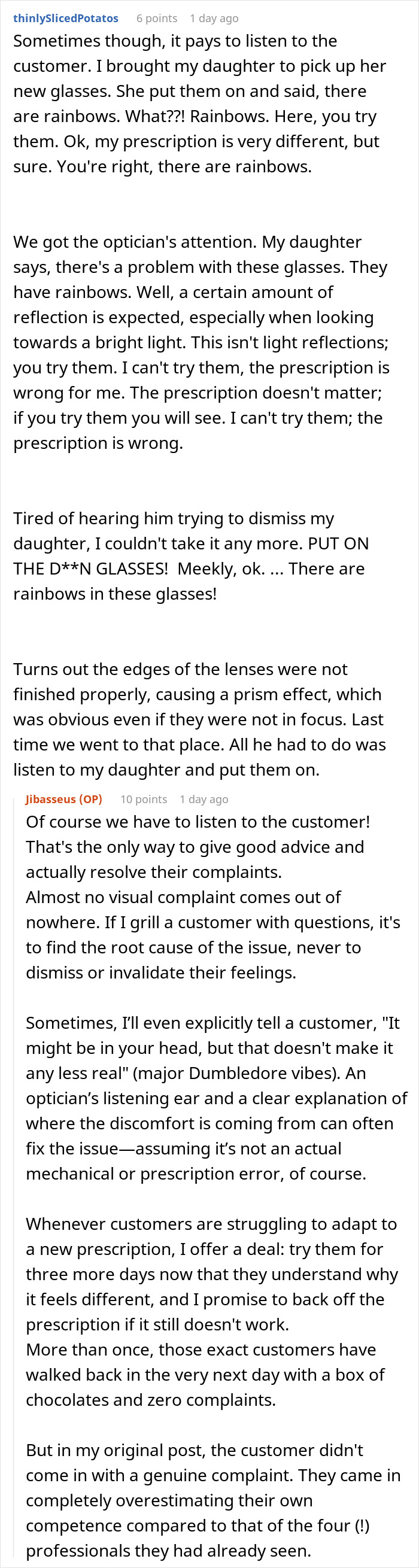 Customer and optician resolving rainbow prism effect caused by glasses