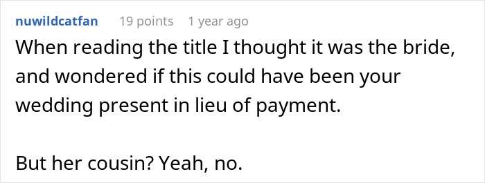 User reflects on misunderstanding the title about a bride and wedding present in payment