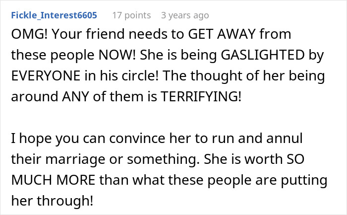 A comment expressing shock and advising a friend to convince the bride to annul the marriage, stating she is being gaslighted at the wedding.