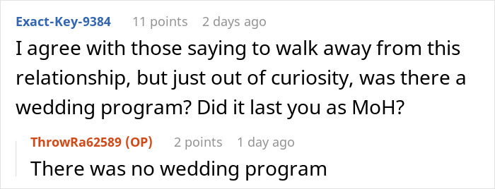 Question about wedding program and MOH's role