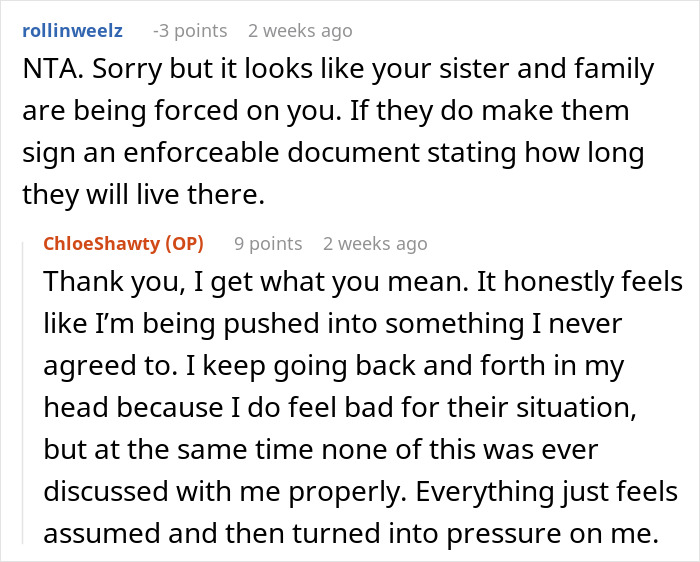 Screenshot of Reddit comments regarding a woman buying her own home and her sister assuming it is their abode.